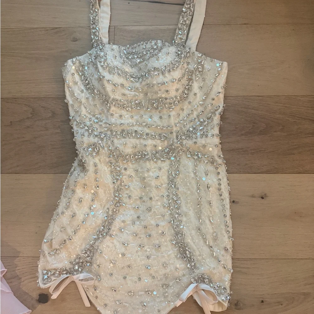 Embellished Ivory Beaded Mini Dress - Picture 3 of 5